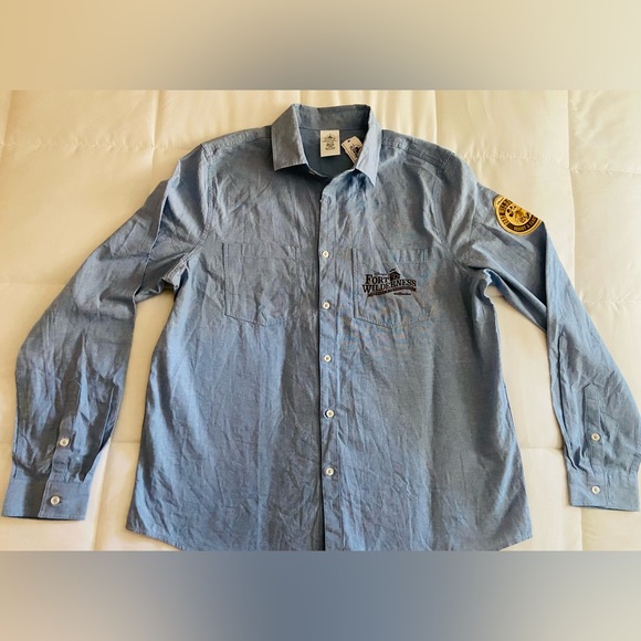 NEW Disney Parks Shirt Adult L Blue Fort Wilderness 50th Mickey Mouse Button Up - Picture 2 of 6